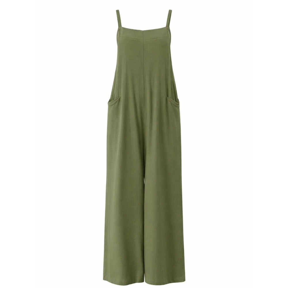 Olive Green Wide Leg 100% Cotton Overalls Pockets & Adjustable Straps Jumpsuit M